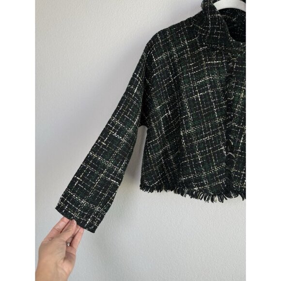 ZARA WOMAN Tweed Fringed Mock Neck Front Cropped Jacket Plaid Black Green Size M - Picture 9 of 11